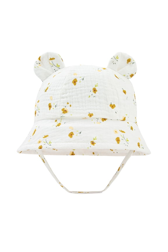 3-12 Months Infant Baby Boys Girls Summer Sun Protection Fashion Solid Color Outdoor Sun-Hat Cute Bear Ears Sunscreen Hat Cap White & Yellow