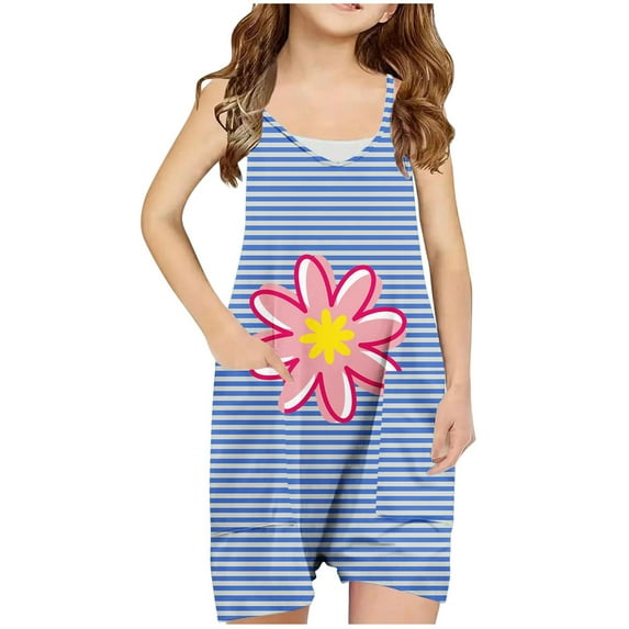 Zwiiyzr Jumpsuits for Girls 5-13 Years Casual Sleeveless Flower Striped Loose Spaghetti Strap Summer Rompers Shorts with Pockets Blue