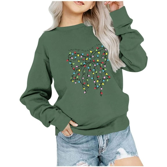 Zwiiyzr Kid's Christmas Sweatshirt Crewneck Pullover Sweater Long Sleeve Shirt Fall Clothes Printed Top T-Shirt for Boys and Girls Sweatshirts 1-12Y Olive Green