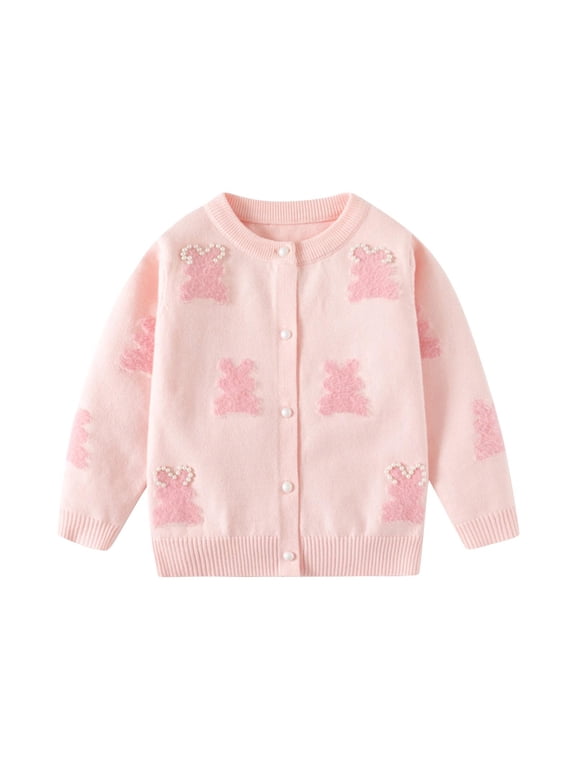 Kids Baby Sweater Cardigan Jacquard Cable-Knit Spring Fall Coat Long Sleeve Cardigan for Baby Girl 1-6 Years Pink