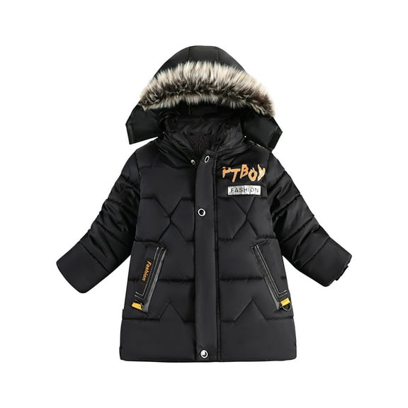 Zwiiyzr Kids Boys Faux top Collar Hooded Padded Coat Windproof Children Cute Trendy Solid Winter Hoodie Keep Warm Cotton Clothes Thick Coat Baby Winter Clothes Black