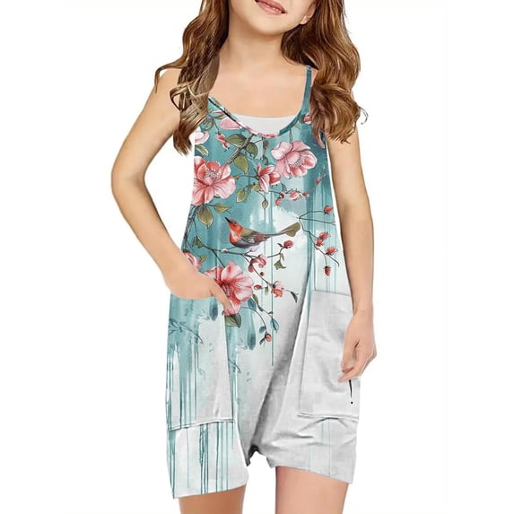 Zwiiyzr 2025 Kids Girls' Jumpsuits & Rompers Summer Tie Dye Sleeveless Casual Romper Spaghetti Strap Shorts Overalls with Pockets Size 5-14 Years Multicolor-A