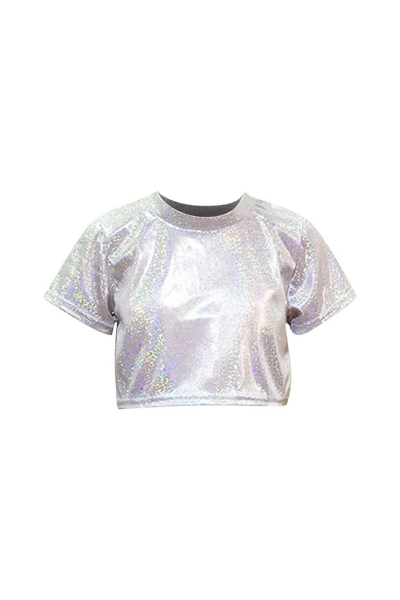 2025 Kids Girls Sequins Dance Tops Short Sleeve Sparkle Crop Tops Performance Oufits for Kids 3-16 Years Silver