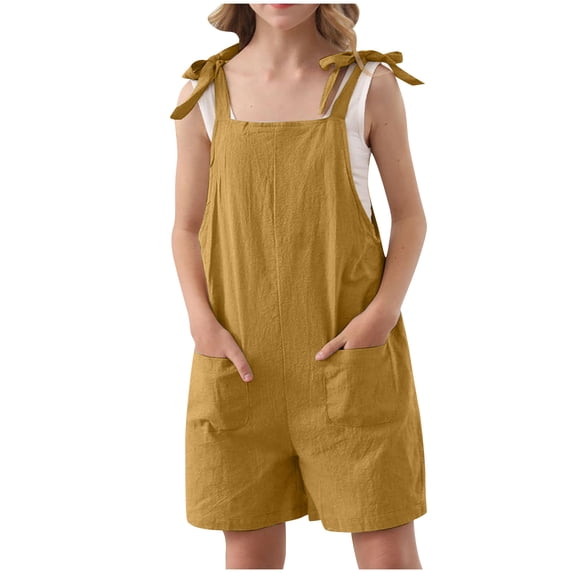 Zwiiyzr 2025 Kids Girls Short Romper Sleeveless Adjustable Tie-Up Strap Jumpsuits Summer Overalls with Pocket 5-14 Years Gold