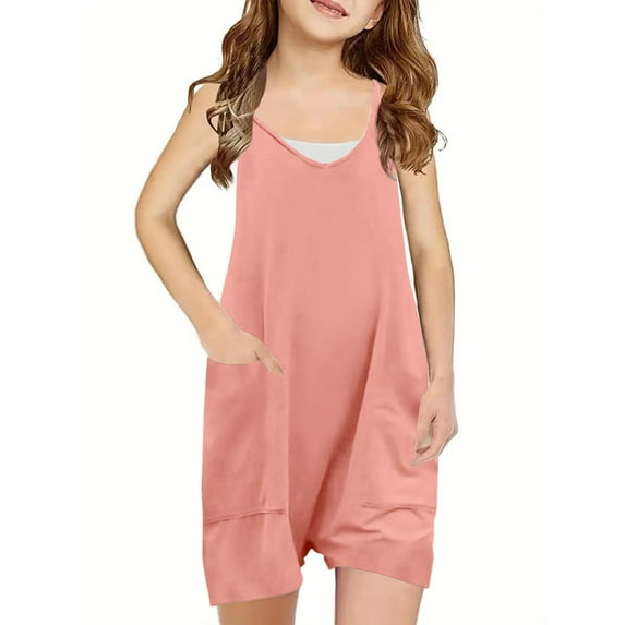 Zwiiyzr Kids Girls Summer Sleeveless Casual Romper Spaghetti Strap Shorts Jumpsuit with Pockets for 5-14 Years Watermelon Red