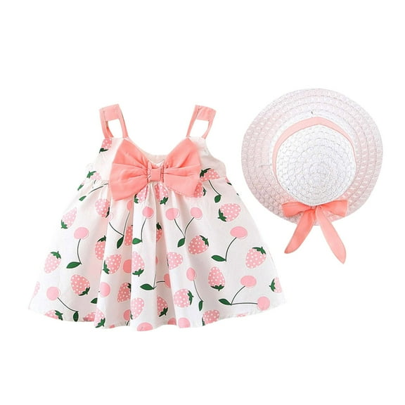 Zwiiyzr Kids Toddler Baby Girl Twirl Dress Tie Shoulder Summer Bow Print Suspender Dress with Hat for 0-3 Years Baby Clothes Pink