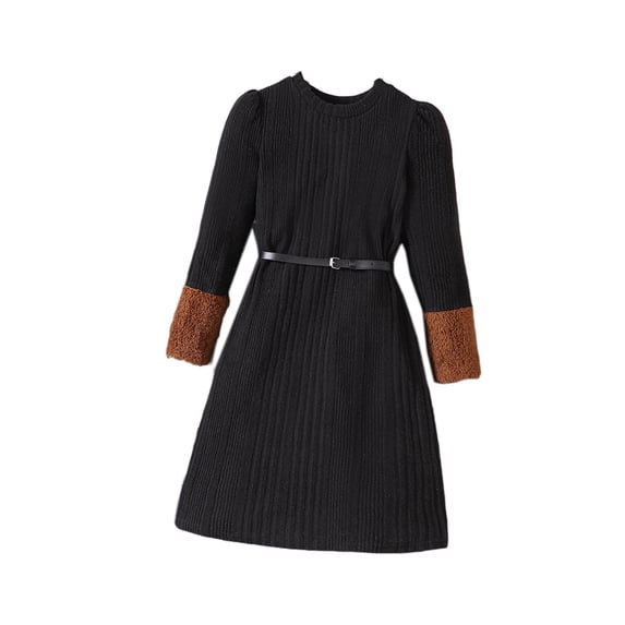 Zwiiyzr Kids Toddler Girls 2Pcs Dress Set 8-12 Years Round Neck Knit Patchwork Velvet Long Sleeve Dress + Black Belt Black