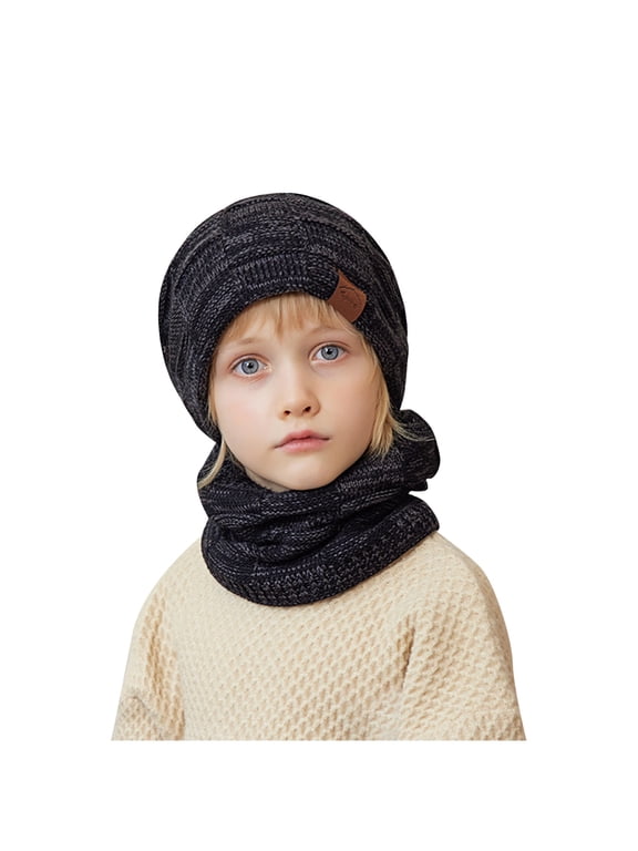 Kids Winter Beanie Hat Warm Knit Thick Ski Cap And Scarf Set For Girls Boys 1-11 Years Black