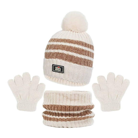 Zwiiyzr Kids Winter Beanie Hat Warm Knit Thick Ski Cap With Pompom And Scarf Gloves Set For Girls Boys 1-11 Years Beige