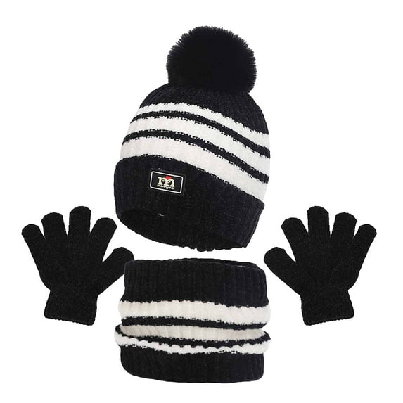 Zwiiyzr Kids Winter Beanie Hat Warm Knit Thick Ski Cap With Pompom And Scarf Gloves Set For Girls Boys 1-11 Years Black