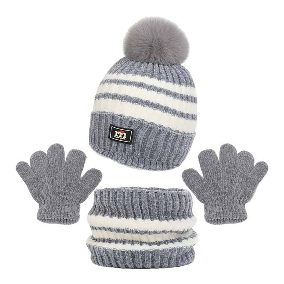 Zwiiyzr Kids Winter Beanie Hat Warm Knit Thick Ski Cap With Pompom And Scarf Gloves Set For Girls Boys 1-11 Years Gray