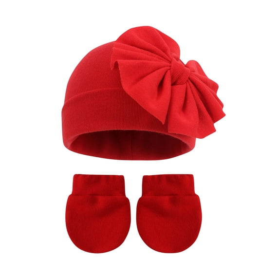 Zwiiyzr Kids Winter Beanie and Gloves Set Bow Knit Hat Unisex Gloves Winter Gift for Boy Girl 0-6 Months Red