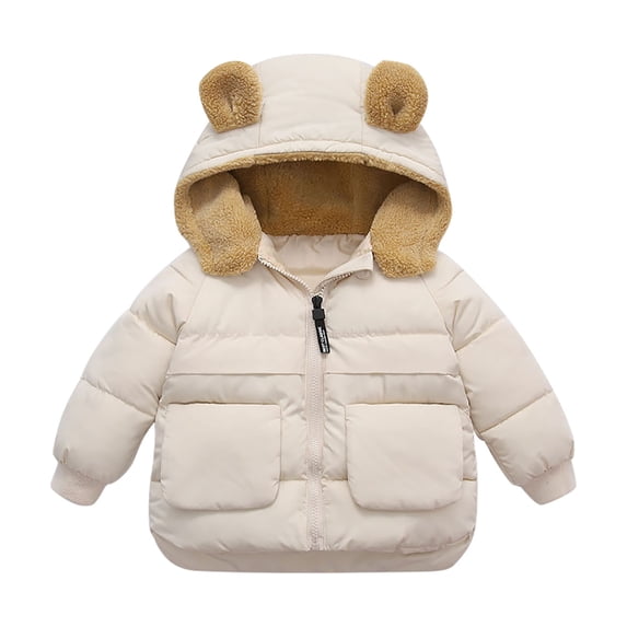 Zwiiyzr 2025 Kids Winter Jacket for Boys Girls Hooded Padded Jackets Cute Bear Solid Color Quilted Jacket Long Sleeve Cardigan Outwear Coat 12Months-6Years Beige