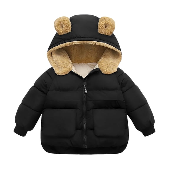 Zwiiyzr 2025 Kids Winter Jacket for Boys Girls Hooded Padded Jackets Cute Bear Solid Color Quilted Jacket Long Sleeve Cardigan Outwear Coat 12Months-6Years Black
