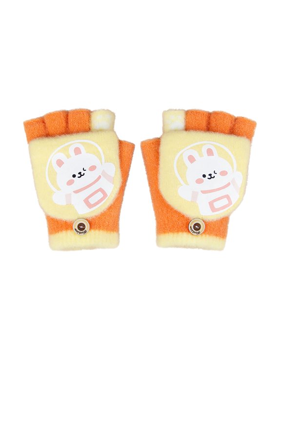 Knitted Warm Cute Little Rabbit Toddler Gloves Cartoon Knitted Convertible Fingerless Gloves for Baby Boy Girl with Mittens Cover Cap Orange