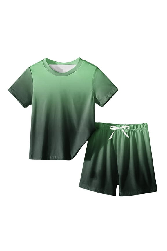Little Kids Boys Girls Unisex Clothes Summer Outfit Gradient Color Short Sleeve Crewneck Tops & Shorts Cute Clothing Sets for 3-14 Years Green
