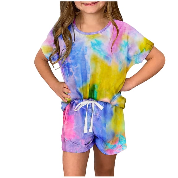 Zwiiyzr Little Kids Boys Girls Unisex Clothes Summer Outfit Tie-Dye Short Sleeve Crewneck Tops & Shorts Cute Clothing Sets for 3-14 Years Yellow