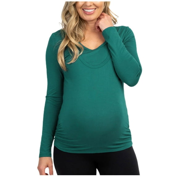 Zwiiyzr Long Sleeve Maternity Shirts for Women Breastfeeding Pregnant Tops Round Neck Solid Nursing Blouse Green