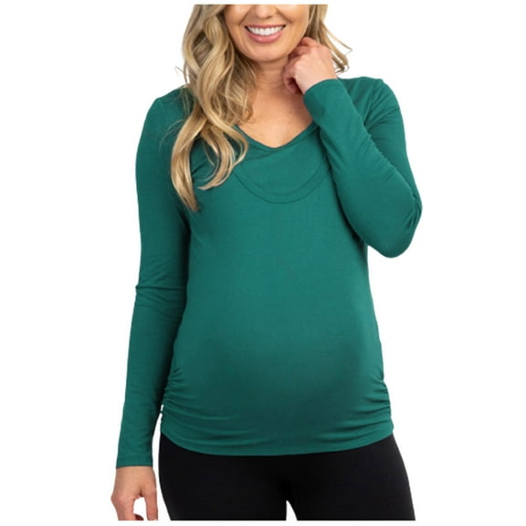 Zwiiyzr Long Sleeve Maternity Shirts for Women Breastfeeding Pregnant Tops Round Neck Solid Nursing Blouse Green