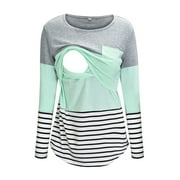 ZWIIYZR 2025 Maternity Clothes Breastfeeding Shirts for Women Round Neck Stripe Patchwork Long Sleeve Pregnant Nursing Blouse Tops T-Shirt Gray