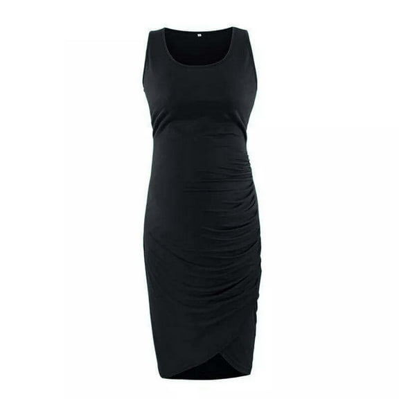 Zwiiyzr Maternity Dress Sleeveless Round Neck for Womens Pregnant Bodycon Dress Ruched Mid-Length Dress Solid Color Buttock Dress Maternity Clothes Black
