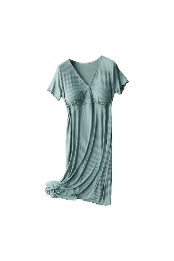 Maternity Pajamas Dress for Women Breastfeeding Dress Solid V-neck Short Sleeve Sleepwear Postpartum Pregnant Dress with Chest Pad Green - Dress