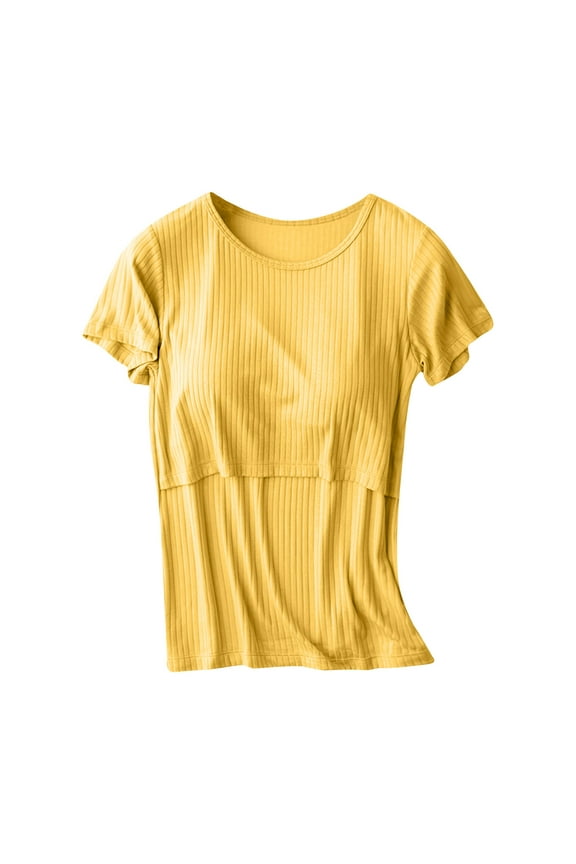 Maternity Tops for Women Pregnant Breastfeeding Tops Round Neck Solid Color Short Sleeve Nursing Blouse Tops T-Shirt Yellow - Shirt