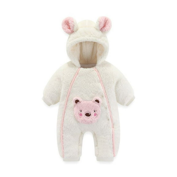 Zwiiyzr Newborn Baby Girl Boy Clothes Fluffy Bear Ear Hooded Jumpsuit Fleece Rompers Onesie Long Sleeve Warm Winter Coat Outfits White