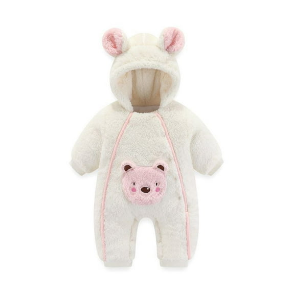 Zwiiyzr Newborn Baby Girl Boy Clothes Fluffy Bear Ear Hooded Jumpsuit Fleece Rompers Onesie Long Sleeve Warm Winter Coat Outfits White