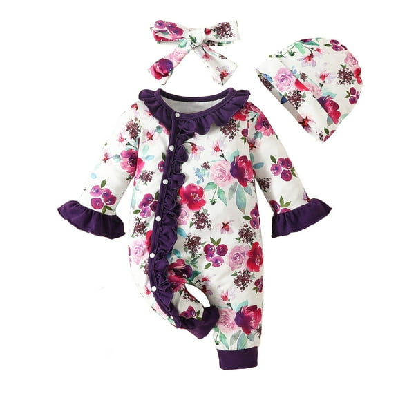 Zwiiyzr Newborn Baby Romper Hat Girl Clothes Infant Floral Button Romper Coming Home Outfits Fall Winter Clothes 0-18 Months Purple