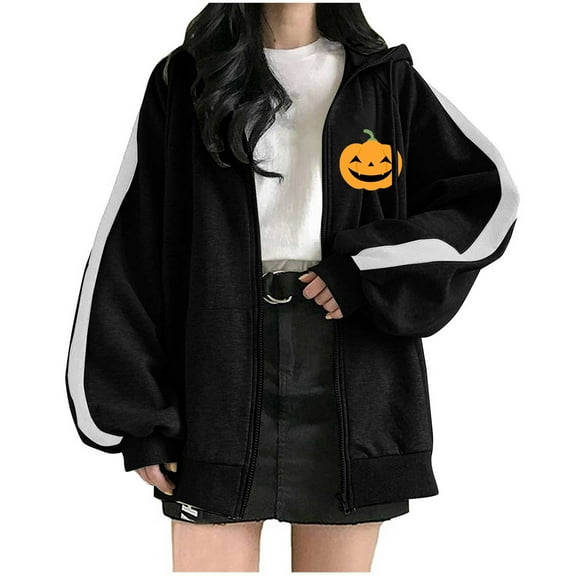 Zwiiyzr 2024 Oversized Sweatshirt For Women Long Sleeve Halloween Stylish Cardigan Casual Fleece Lined Zip Up Sweatshirts Graphic Hoodies Printing Coat Baggy Jacket Black