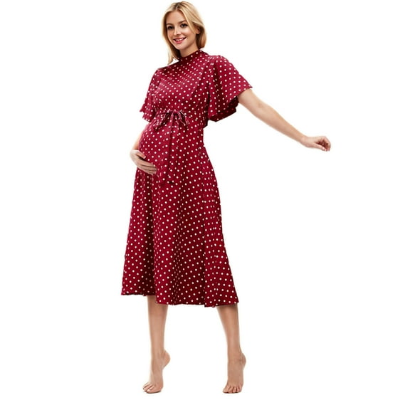 Zwiiyzr Pregnant Summer Dress Comfortable Tied Short Sleeved Chiffon Maternity Dress with Polka Dots Red