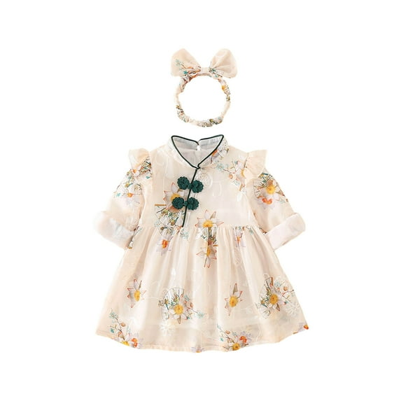 Zwiiyzr Princess Dresses for Girls 0-2T Newborn Summer Cute Short Sleeve Floral Chinese Style Cheongsam Clothes Dress with Hairband Outfit Sets White