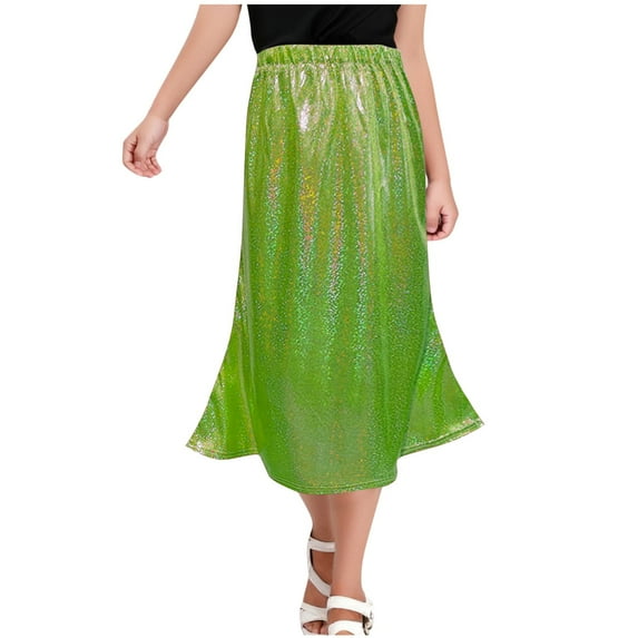 Zwiiyzr 2025 Sequin Long Skirt for Girls 3-16Y Toddler & Kids Sparkle A-Line Dance Midi Skirts Green