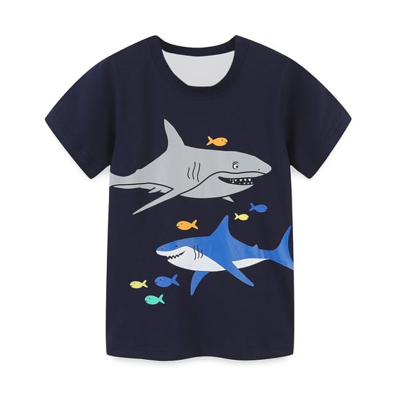 Zwiiyzr Shirts for Kids Boys Short Sleeve Graphic T-Shirt Printed Round Neck Summer Tops for 3-12 Years Dark Blue