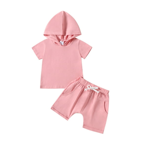 Zwiiyzr Summer Toddler Baby Boy Girl Clothes Set Unisex Hooded Outfits Solid Color Short Sleeve Tops Pocket Shorts Sets 2Pcs 0-3T Pink