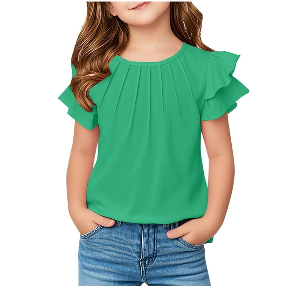 Zwiiyzr 2025 Summer Tops for Kids Girls Ruffled Short Sleeve Solid Color Ruched T-Shirt Round Neck Basic Tee Shirts Green