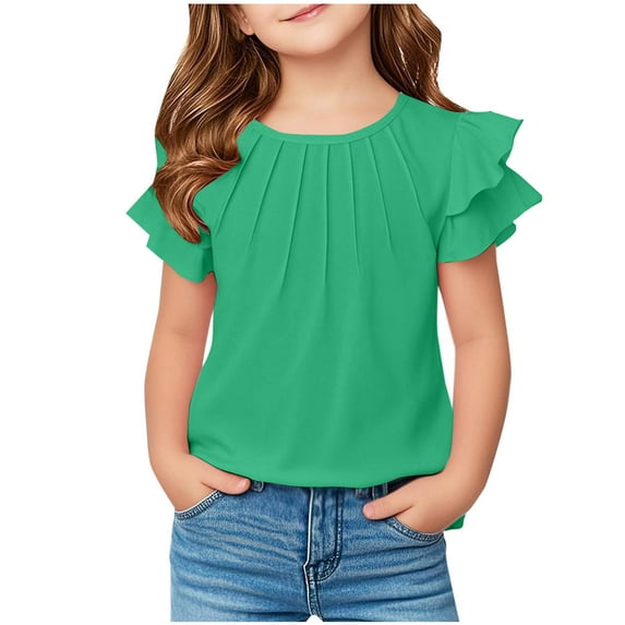 Zwiiyzr 2025 Summer Tops for Kids Girls Ruffled Short Sleeve Solid Color Ruched T-Shirt Round Neck Basic Tee Shirts Green