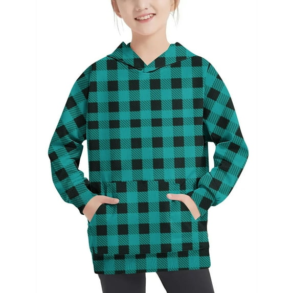 Zwiiyzr Teens Kids Unisex Oversized Hoodies Sweatshirt Plaid Long Sleeve Pullover Tops 4-14 Years for Girls and Boys Light Blue