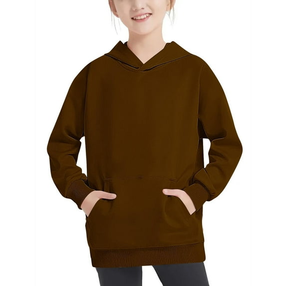 Zwiiyzr Teens Kids Unisex Oversized Hoodies Sweatshirt Solid Color Long Sleeve Pullover Tops 4-14 Years for Girls and Boys Brown
