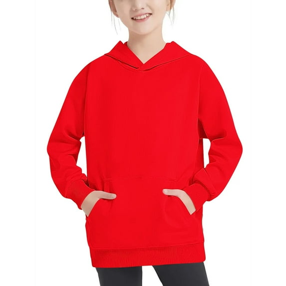 Zwiiyzr Teens Kids Unisex Oversized Hoodies Sweatshirt Solid Color Long Sleeve Pullover Tops 4-14 Years for Girls and Boys Red
