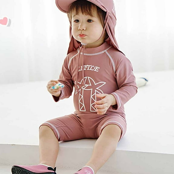 Zwiiyzr Todder Boys Girls Cute Cartoon One Piece Swimwear Long Sleeve Kids Sun Protection Rash Guard Zipper Baby Swimsuit 1-5 Years Pink