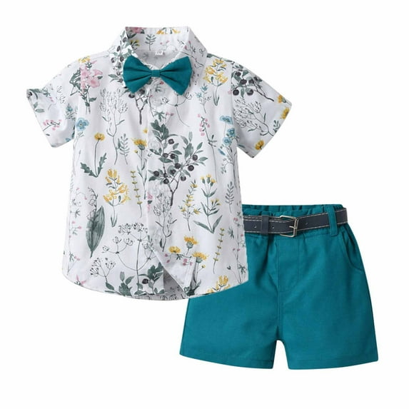 Zwiiyzr Toddler Baby Boy Floral Short Sleeve Button Down Shirt & Casual Shorts with Bow Tie Set Summer Outfits 6M-6 Years Clothes Sky Blue