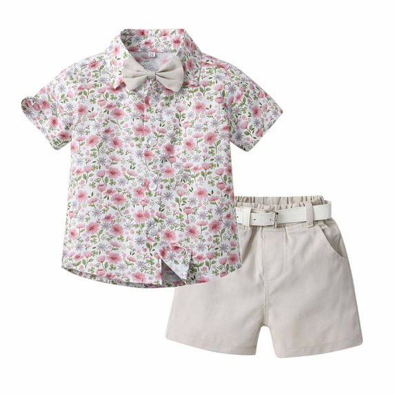 Zwiiyzr Toddler Baby Boy Floral Short Sleeve Button Down Shirt & Casual Shorts with Bow Tie Set Summer Outfits 6M-6 Years Clothes White