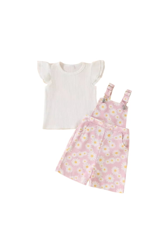 Toddler Baby Girl Clothes Ribbed Flutter Sleeve T-Shirt Daisy Floral Suspender Overalls Shorts Set 2Pcs Summer Outfits 1-5T Pink