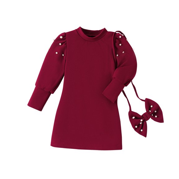 Zwiiyzr Toddler Baby Girl Dress Outfit Red Princess Dress Winter Round Neck Bubble Sleeve Pearl Embellished Dress and Bowknot Bag 4-7 Years Old Red