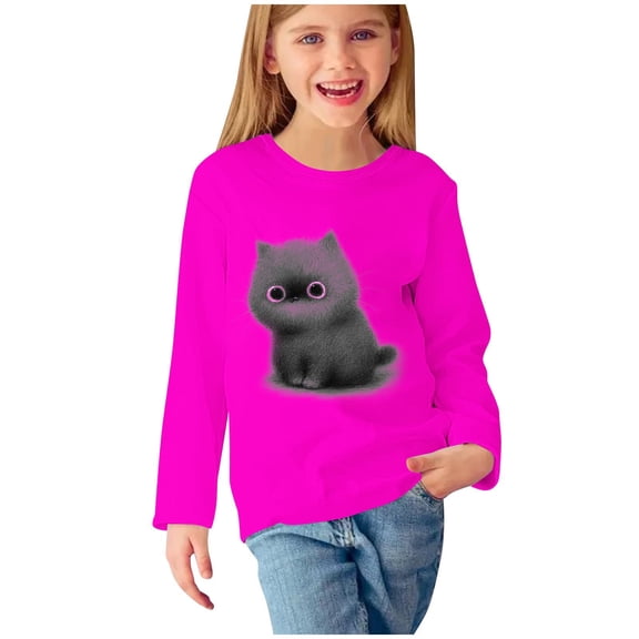 Zwiiyzr Toddler Baby Girl Long Sleeve Sweatshirt Crew Neck Tops Basic Solid Color Sweater Shirts Kid Fall Clothes 3-14 Years Hot Pink