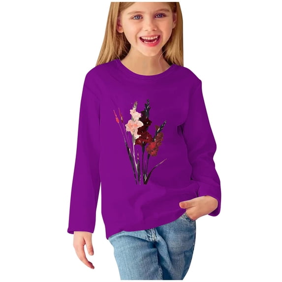 Zwiiyzr Toddler Baby Girl Long Sleeve Sweatshirt Crew Neck Tops Basic Solid Color Sweater Shirts Kid Fall Clothes 3-14 Years Purple