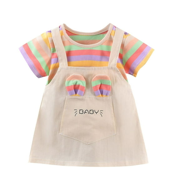Zwiiyzr 2025 Toddler Baby Girl Summer Dress Short Sleeve Stripe T-Shirt And Strap Dress Overall With One Pocket Baby Girl Outfits White