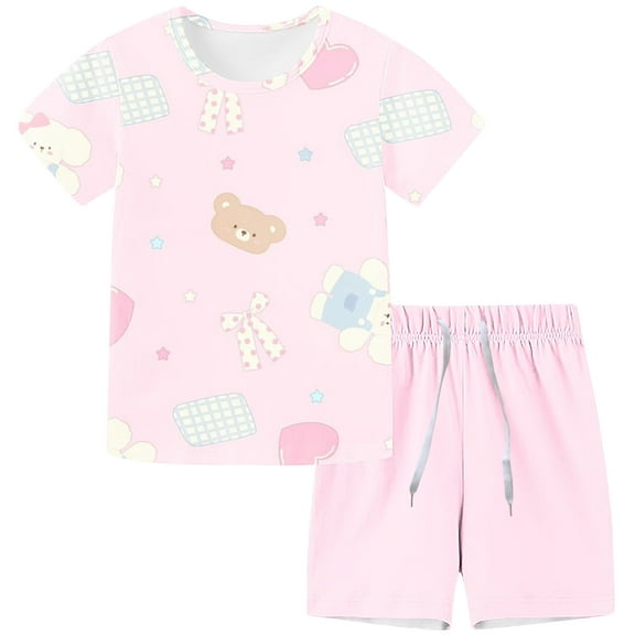 Zwiiyzr Toddler Baby Girls Boys Summer Outfits 2Pcs Casual Short Sleeved Jogger Shorts with Drawstring Home Print Sports Baby Clothes Summer Two-Piece Set Pink